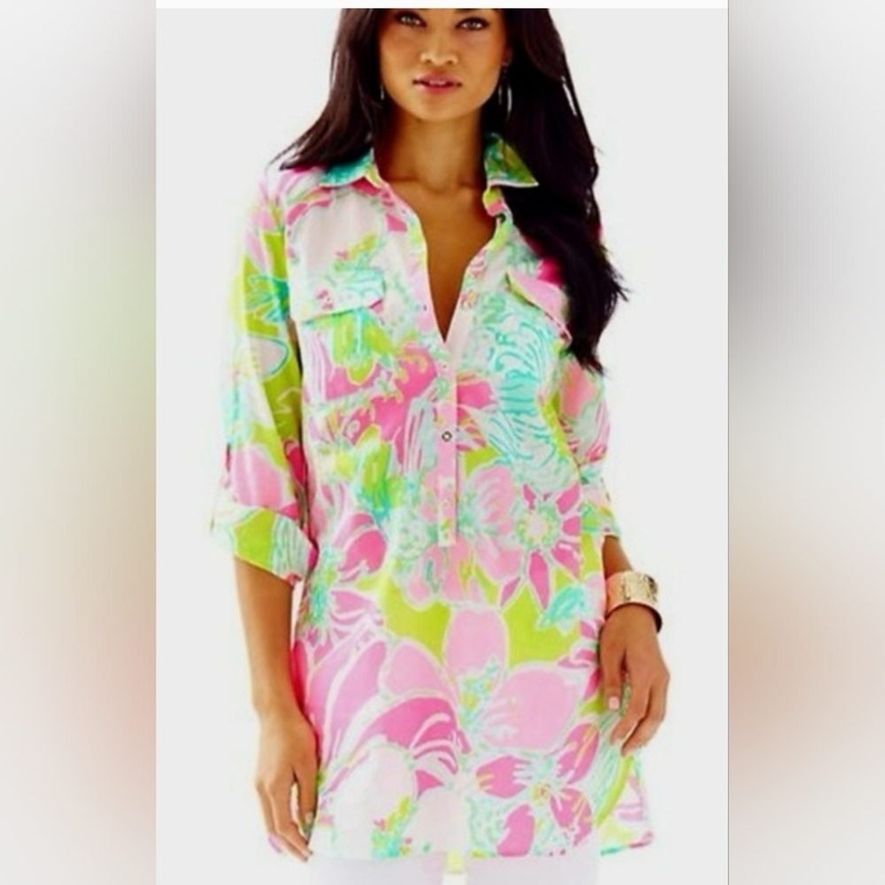Lilly Pulitzer Pink and Green Floral Button Down Shirt